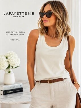 Lafayette 148 New York White Soft Cotton Blend Scoop Neck Tank Top Small stretch